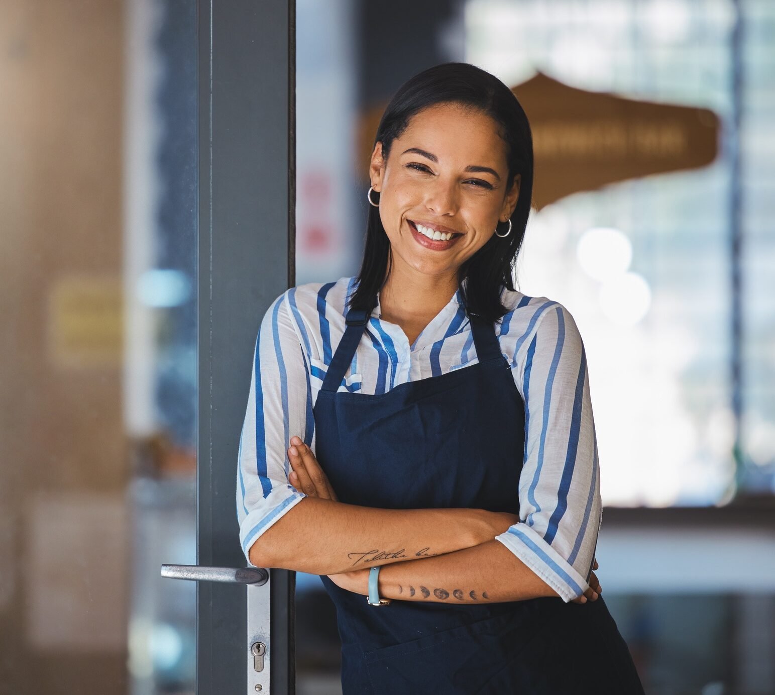 Cafe or coffee shop barista, entrepreneur and female small business owner of successful modern star